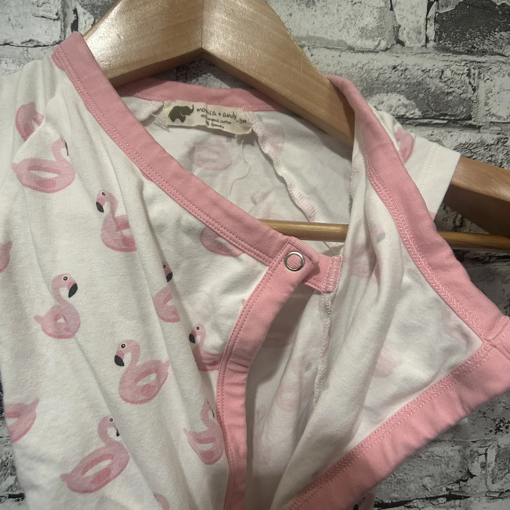 EUC Monica + Andy Pink and White Flamingo Baby Snap Up One Piece Size 0-3 Months